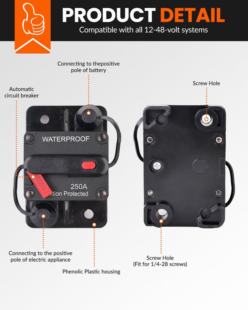 BULVACK 100 Amp Circuit Breaker with Manual Reset Waterproof Inline Fuse Inverter for Marine Trolling Motors Boat ATV Manual Power, Suface Mount, 12V-48V DC (100A) - Image 5